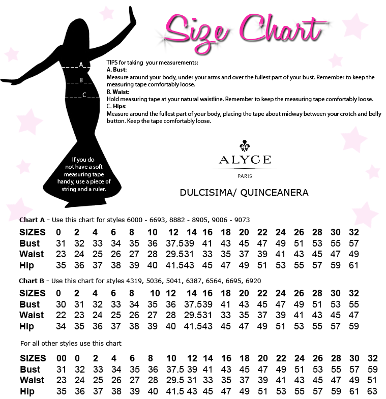 Alyce Designs Quinceanera Size Chart